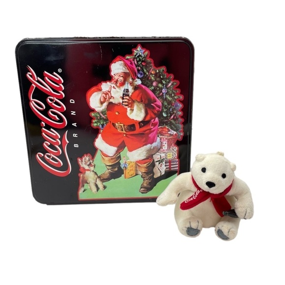 Coca-Cola Santa Tin & Coca-Cola Bear Plush Ornament - Picture 1 of 16